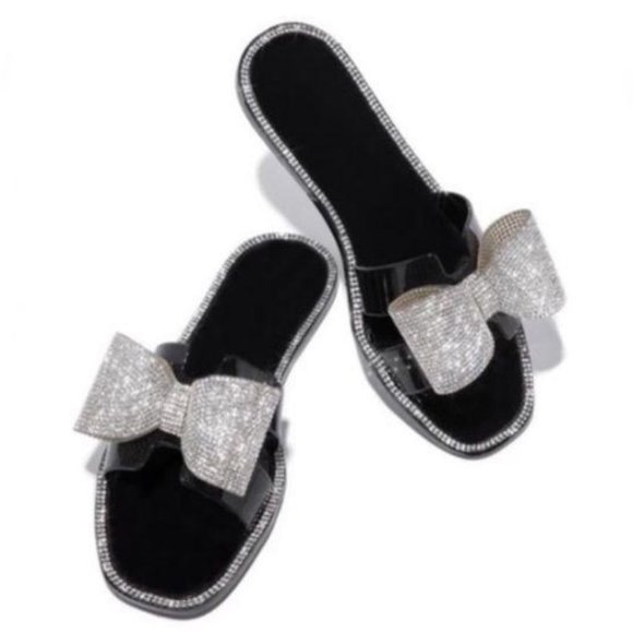 Embellished Bow Jelly Sandals in Black - Picture 2 of 9